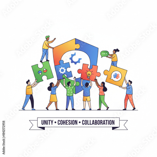 Diverse team fitting puzzle pieces together for unity, cohesion, and professional collaboration
