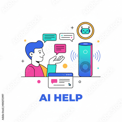Illustration of a man interacting with an AI voice assistant or smart speaker for "AI Help" technology.