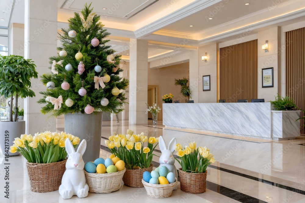 Naklejka premium Easter decoration in modern hotel lobby with bunny and tulips
