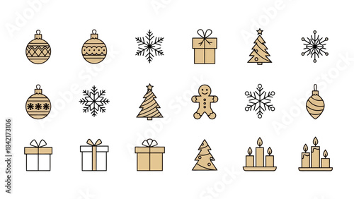 Festive Christmas Icons Collection: Ornaments, Snowflakes, Gifts, Trees, and Candles