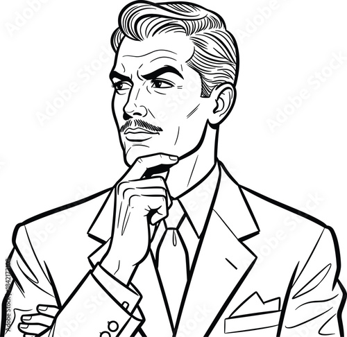 Black and white illustration of a man in a suit with hand on chin thinking vector