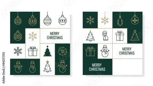 Collection of Christmas Icons and Symbols with Festive Greetings, Minimalist Design