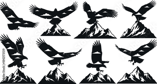 Black silhouette eagles in flight above jagged mountain peaks with clouds bird flying