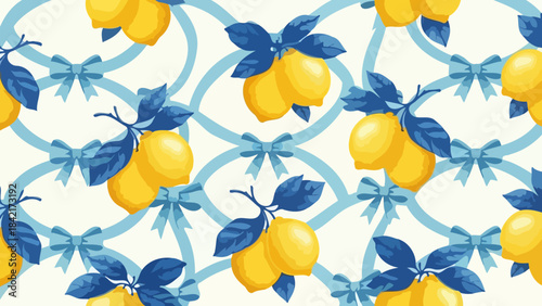 Bright Yellow Lemons with Blue Bows on Creamy Lattice Background Pattern