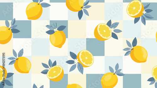 Seamless pattern of fresh lemons and green leaves on a checkered background
