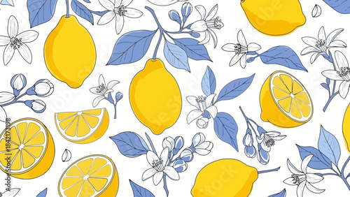 Seamless pattern of lemons, flowers, and leaves with blue accents