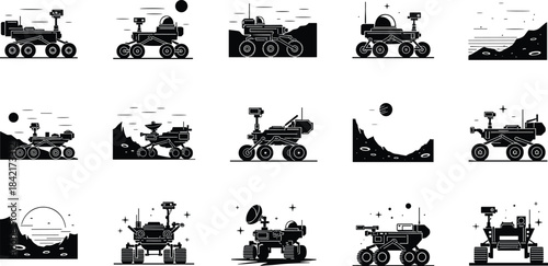 Collection of black and white planetary exploration rover icons on a white background