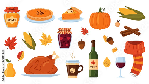 Happy Thanksgiving Autumn Harvest Feast Symbols and Icons Vector Illustration Set