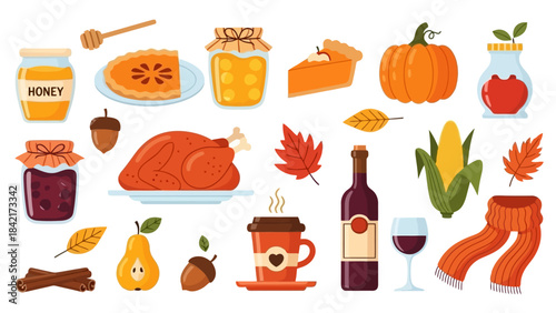 Thanksgiving Autumn Harvest Feast Icons: Food, Drink, and Decorations