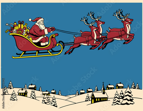 santa, claus, reindeer, flying, sleigh, city, town, village, snow, snowy, night, christmas, eve, holiday, festive, gifts, presents, winter, scene, illustration, drawing, retro, vintage, classic, graph