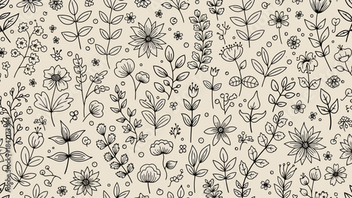 Delicate Hand-Drawn Botanical Floral Pattern on Beige Background Seamless Design