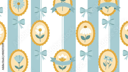 Seamless Pattern of Oval Cameos with Flowers and Ribbons on Striped Background