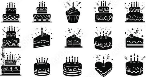 Collection of black silhouette birthday cakes and cupcakes with candles and confetti