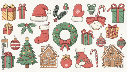 Cute Christmas Icons Collection: Presents, Stockings, Gingerbread Houses, and Tree