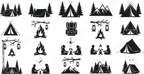 Collection of black silhouette camping icons with tents campfires mountains and people
