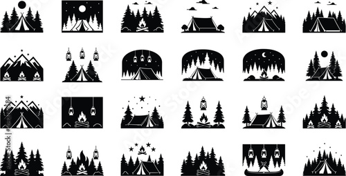 Collection of black silhouette camping scenes with tents campfires and pine trees