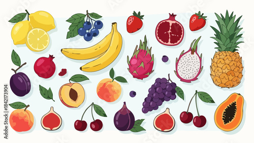 Vibrant Assortment of Exotic and Fresh Fruits, Illustrated Collection