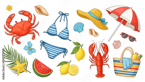Summer Beach Vacation Essentials Collection: Crab, Lobster, Bikini, Hat, Umbrella, Bag