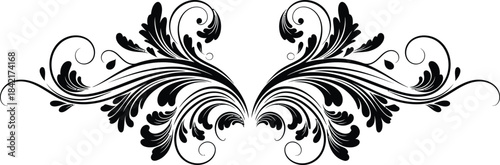 Elegant symmetrical floral scrollwork design in black and white for decorative purposes