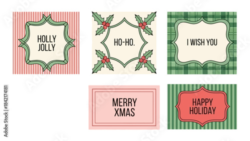 Set of five festive Christmas card designs with holiday greetings and patterns