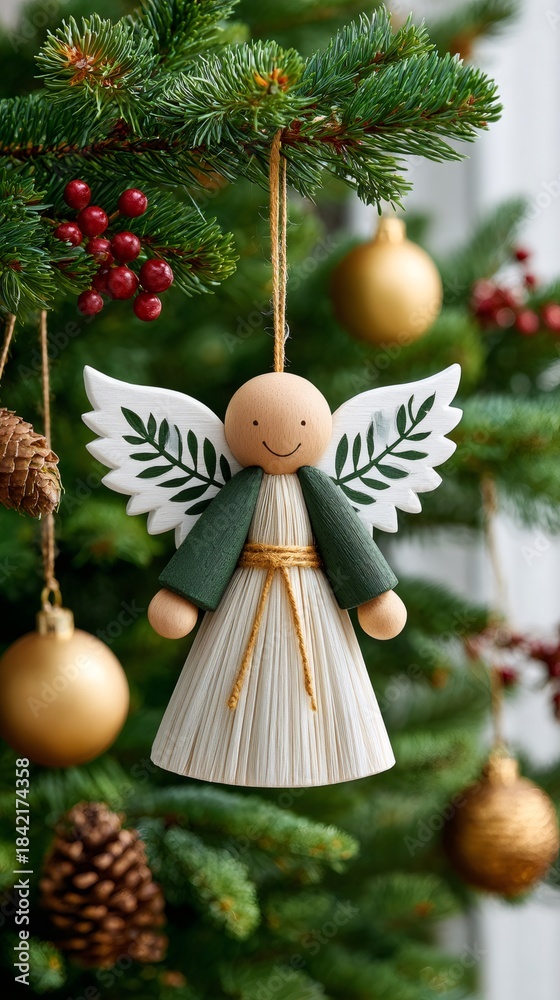 Fototapeta premium Wooden angel ornament hanging on Christmas tree branch