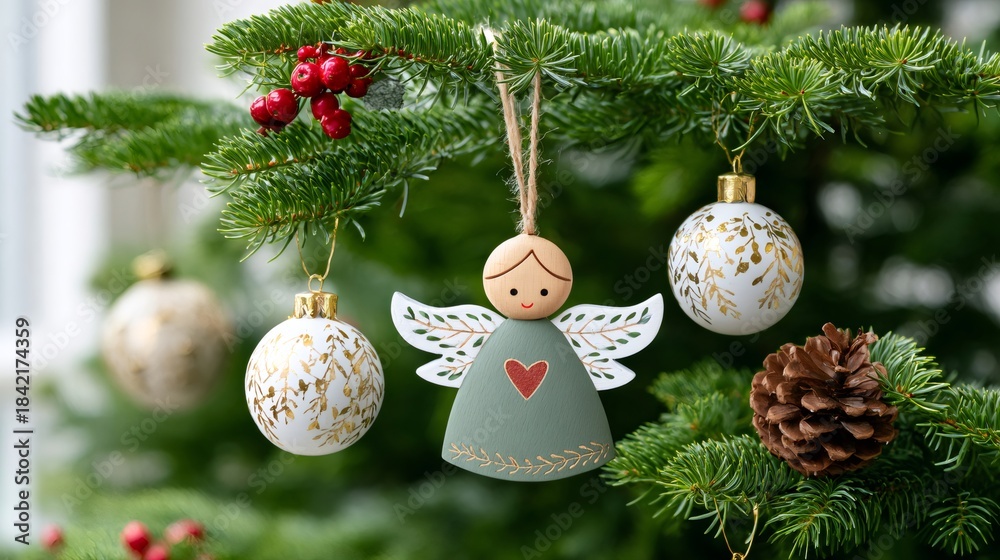Fototapeta premium Christmas tree branch decorating with angel ornament and baubles