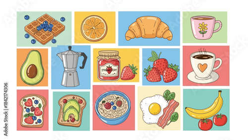 Delicious Breakfast Food Items Vector Illustration Collage For Your Designs