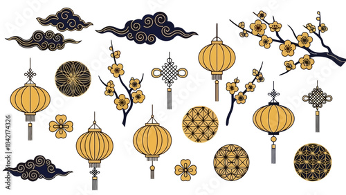 Collection of Golden Chinese New Year Ornaments and Decorations Vector Set
