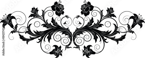 Elegant black and white floral scroll design for vintage style decoration or embellishment