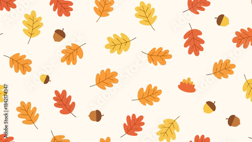 Seamless Pattern of Autumn Oak Leaves and Acorns in Warm Colors