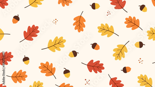 Seamless Pattern of Autumn Oak Leaves and Acorns on a Cream Background