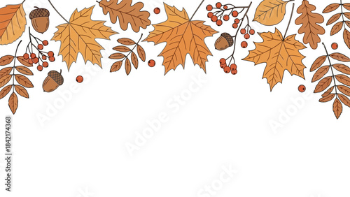 Colorful Autumn Leaves and Acorns Border - Vector Fall Season Illustration Background