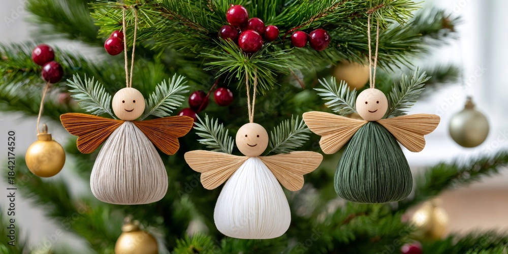 Fototapeta premium Handmade angel ornaments hanging on Christmas tree