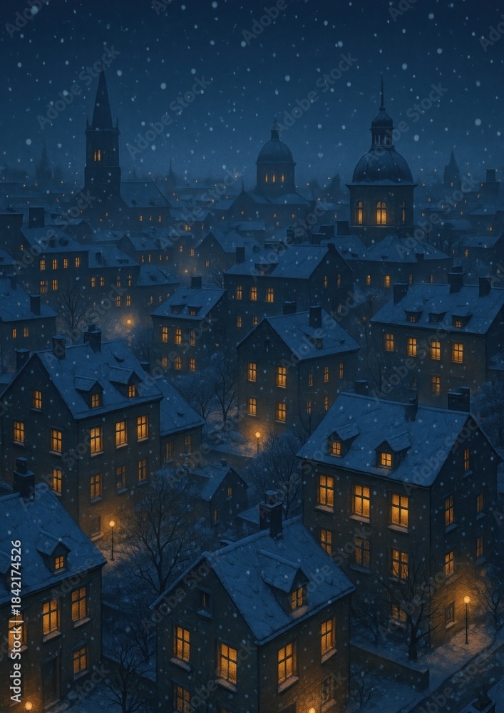 Fototapeta premium Cozy winter night cityscape.