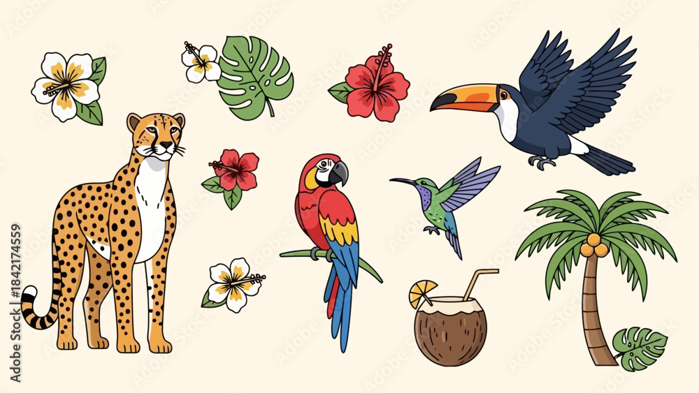 Fototapeta premium Tropical Vector Icons: Cheetah, Parrots, Toucan, Hummingbird, Palm Tree, and Flowers