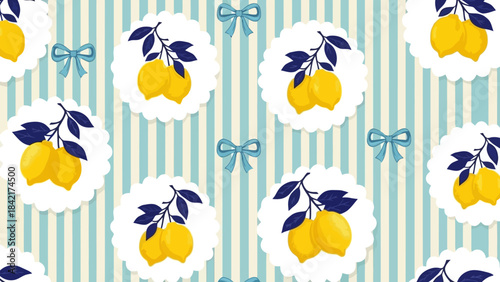 Seamless Pattern of Yellow Lemons on Branches with Blue Bows on Striped Background