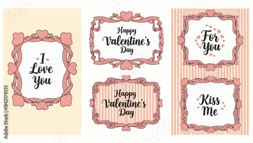 Set of Valentine's Day Decorative Frames with Hearts and Ribbons, Vector Illustration