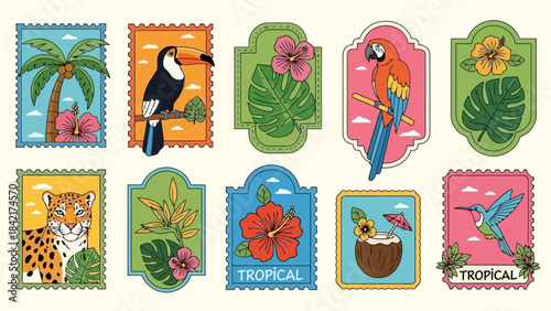 Collection of Tropical Themed Stamps with Exotic Birds, Animals, and Plants