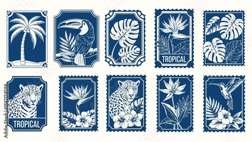 Tropical Stamp Collection: Exotic Flora, Fauna, and Palm Trees in Vintage Style
