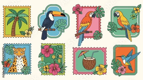 Vibrant Tropical Stamp Collection Featuring Exotic Birds, Jaguar, Palm Tree, and Coconut