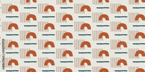 Seamless abstract geometric pattern with minimalist arches, horizontal and vertical lines in earthy tones on light background, modern boho digital design for textile, wallpaper, and home decor