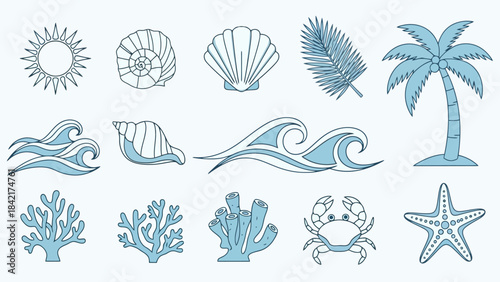 Set of Summer Beach and Ocean Icons: Sun, Shells, Palm Tree, Coral, Crab, Starfish