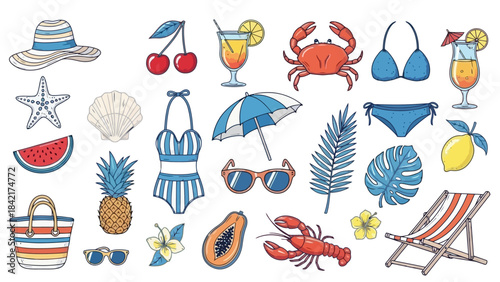 Vibrant Summer Beach Vacation Elements Collection: Tropical Fun and Relaxation