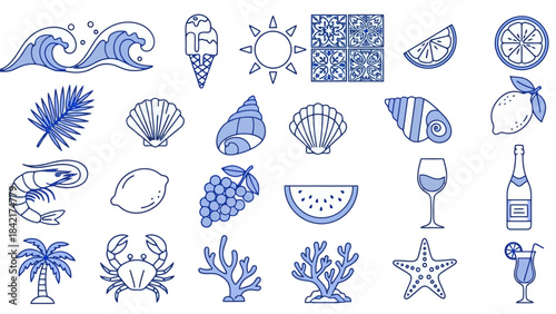 Summer Beach Vacation Icon Set with Tropical Elements and Refreshments