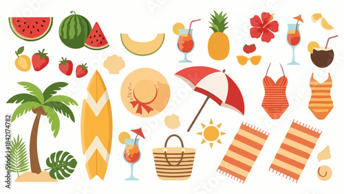 Vibrant Summer Beach Elements Collection, Tropical Vacation Flat Vector Illustration