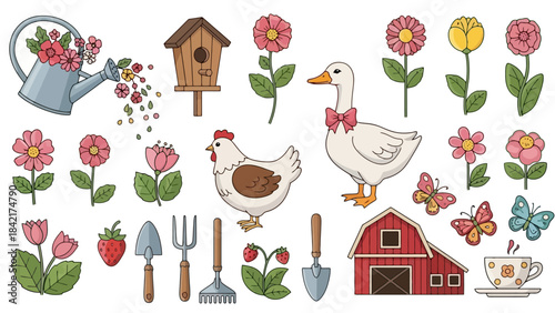 Cute Spring Garden Icons: Watering Can, Flowers, Animals, Tools, Barn & More