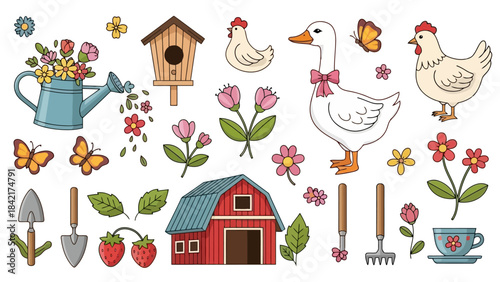 Charming Spring Garden and Farm Elements Collection Vector Illustration