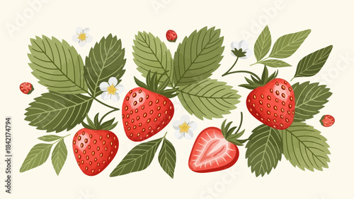 Vibrant Strawberry Patch with Flowers and Leaves - Flat Design Illustration