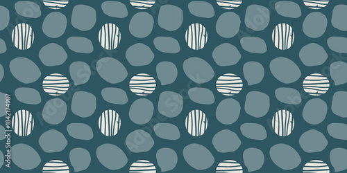 Seamless modern abstract geometric pattern with irregular circles organic texture textured elements dark blue aesthetic background contemporary wallpaper textile wrapping home decor print
