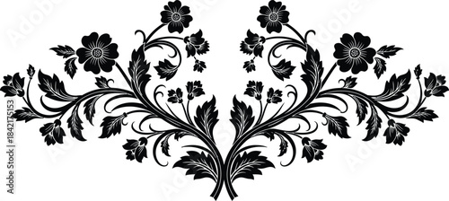Elegant symmetrical floral design in black ink resembling a vintage botanical illustration